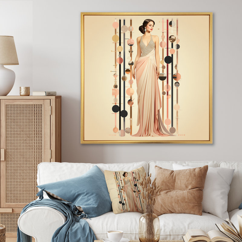 Art nouveau, impression élégante en rose et beige, H 16 po x l 16 po, Encadrement doré