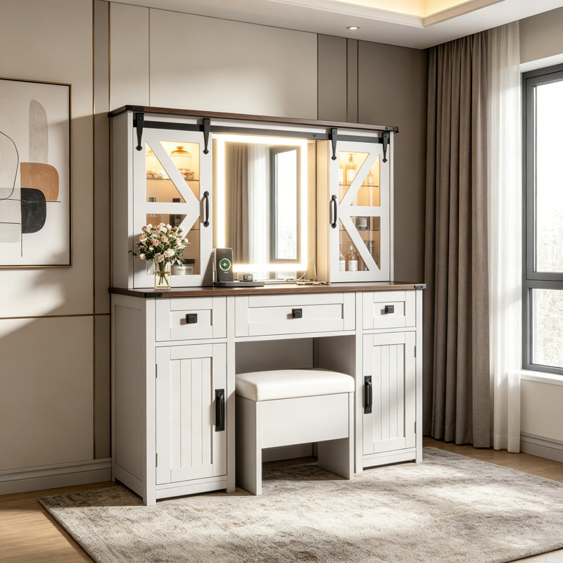 Vanity Desk with LED Mirror, RGB Light Cabinets, 3 Drawers, Storage Shelves, and Stool for Modern Bedrooms, Black