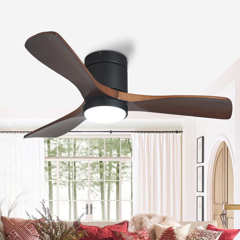 Ventilateur de plafond moderne à 3 pales de 42 po avec lumière DEL et ventilateur encastré à télécommande avec pales en bois massif à 3 vitesses 6 couleurs