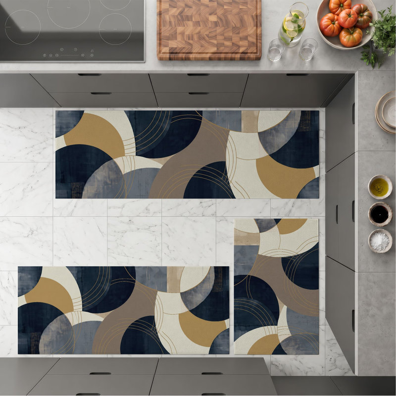 Tapis de cuisine géométriques abstraits et lavables antidérapants, Brun clair / bleu / beige / blanc cassé / bleu ma