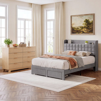 Chrisha Bedroom Furniture Set: Upholstered Tufted Storage Platform Bed With 2 Foot Drawers + Fluted Wood Dresser Chest Of Drawers