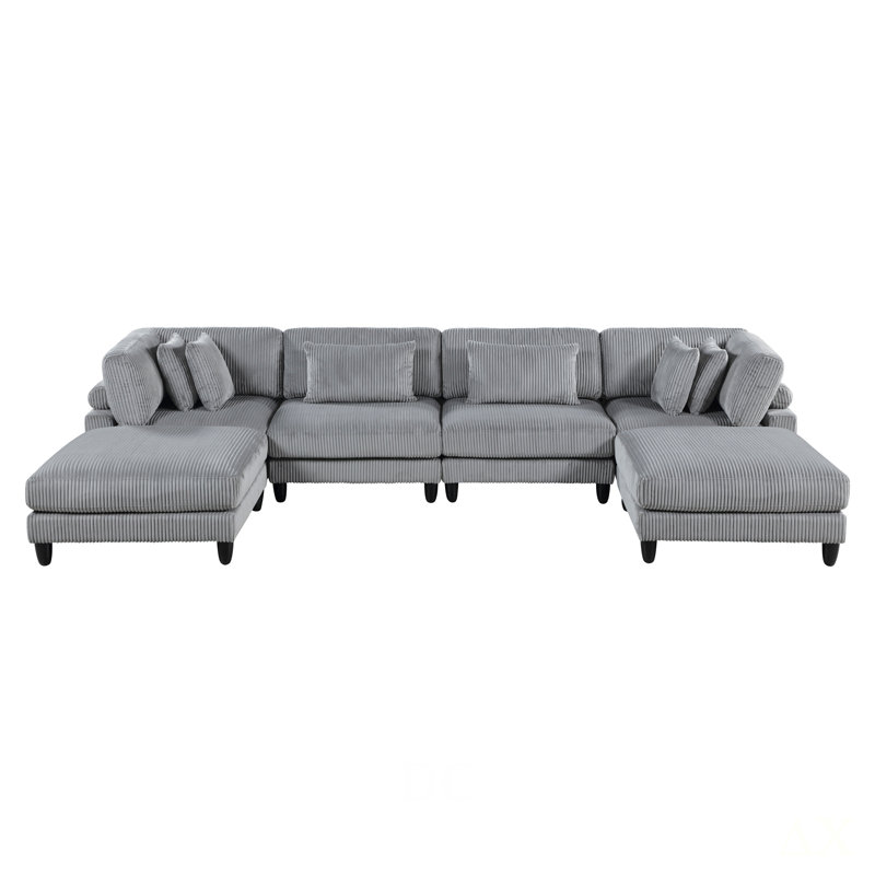 Ensemble de conversation modulaire en velours côtelé gris 6 pièces 2 pièces 2 places sans accoudoirs 2 sièges de coin 2 coussins de salon