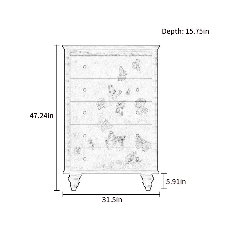 Commode d'appoint avec cinq tiroirs Retro, Ivoire blanc