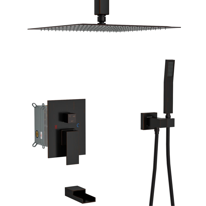 Oil Rubber Bronze Shower Collection - 12" Ceiling Mount Waterfall Tub Spout 3 Function Rainfall & Handheld Showers -Balanced Valve Easy Installation Sanitary Assurance System With 12 Inch Cleanliness