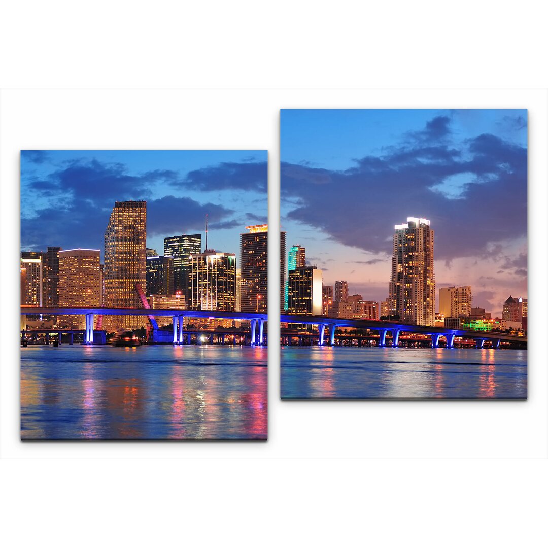 2-tlg. Leinwandbilder-Set Miami Skyline