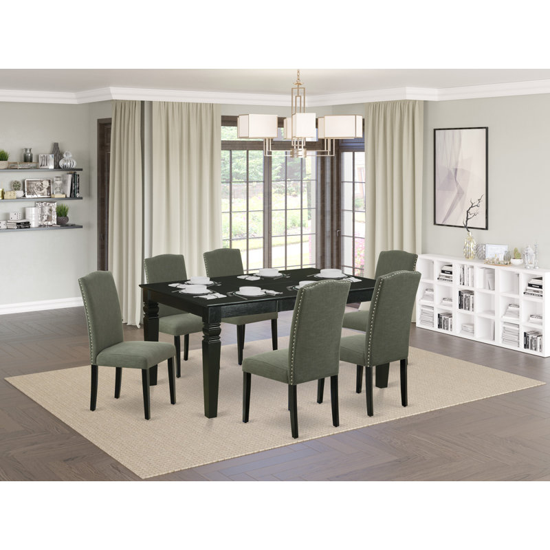 Ensemble de salle à manger 7 pièces composé d'une table de salle à manger rectangulaire avec feuille papillon et 6 chaises rembourrées en tissu Gotham