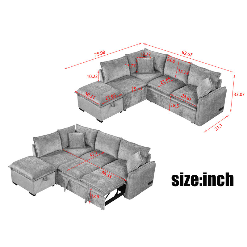 Talynn Upholstered L-Shaped Sectional with Ottoman, Orange Chenille