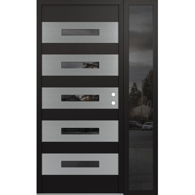 D9 Left-Hand 48 In. X 80 In. Panel Silver Steel Black And Black Mirrored Glass With Sidelite Mirrored Glass Prehung Front Entry Door