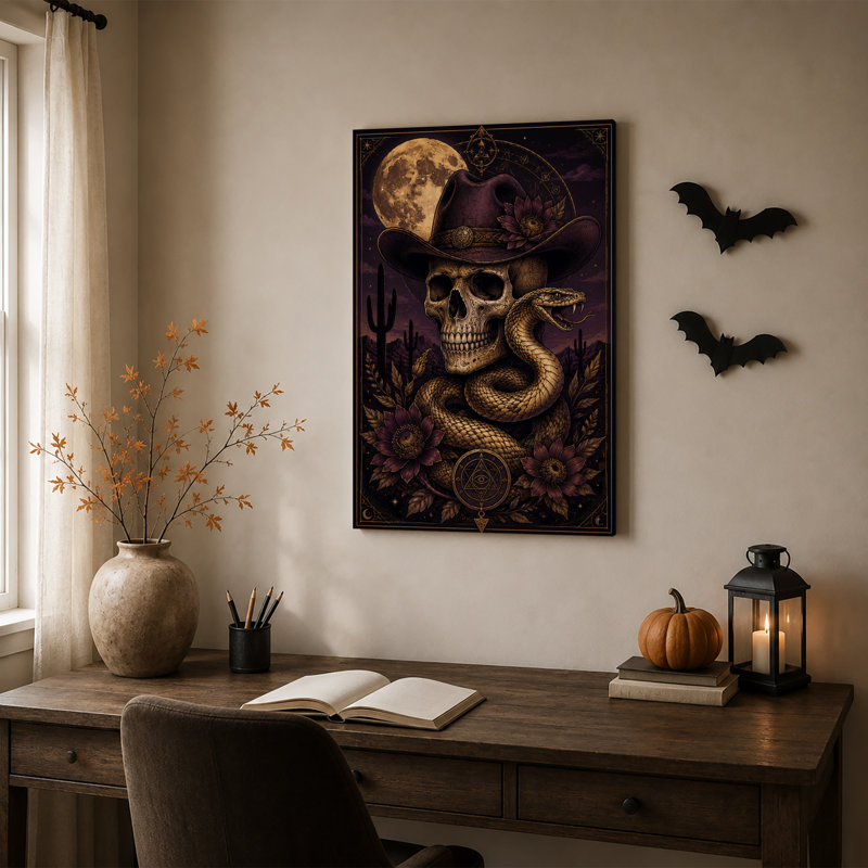 Art mural sur toile, grand crâne de lune avec chapeau de cowboy, H 30 po x l 20 po