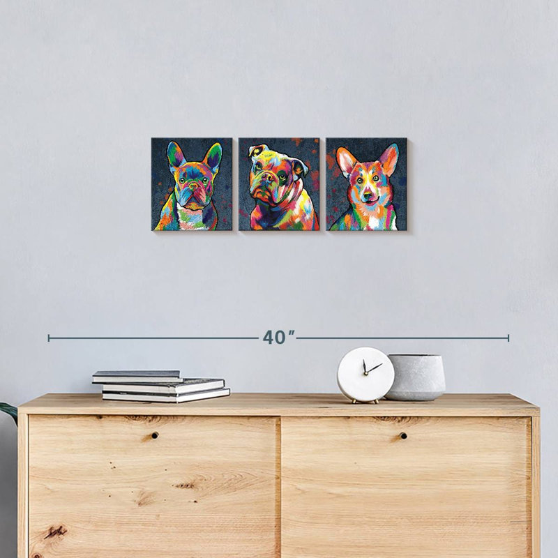 "Dog Alerte Dogs", ensemble de 3 reproductions de couleurs abstraites sur toile par Jude A, H 8 po x l 26 po x P 1 po