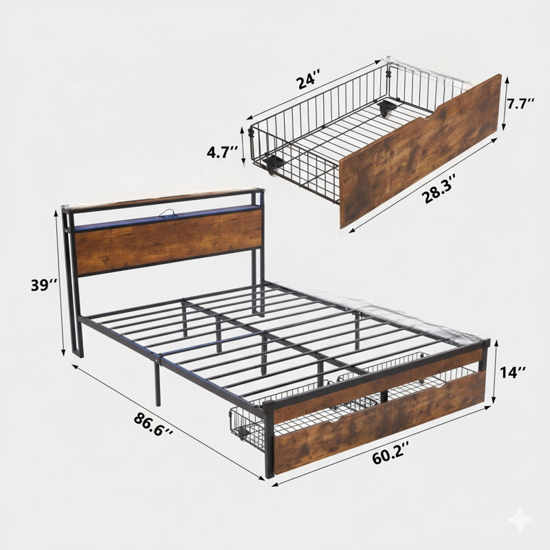 Structure de grand lit plateforme en métal avec tête et pied de lit en bois. Comprend des ports USB, une station de charge, deux tiroirs et des lumières DEL. Aucun sommier tapissier n'est nécessaire et l'assemblage est facile.