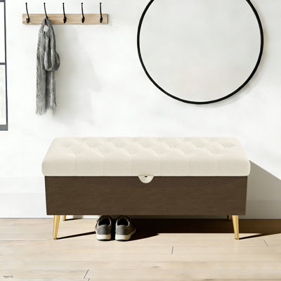 Tufted Boucle Upholstered Storage Ottoman Bench, Flip Top Storage Bench with Gold Metal Legs for Bedroom, Living Room, Entryway