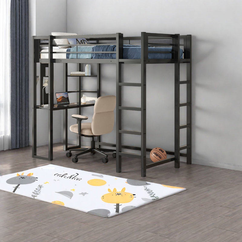 Lit mezzanine peu encombrant avec bureau, structure en métal durable pour les adolescents, noir moderne
