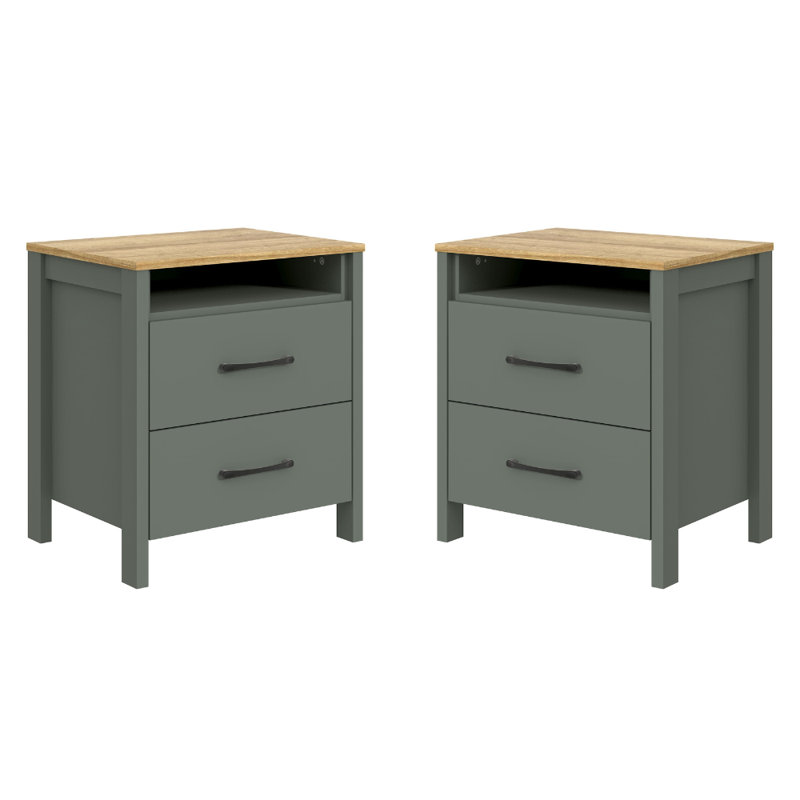 Chabot Modern 2-Drawer Nightstand Set Of 2, Kale Green/Reviera Eichi