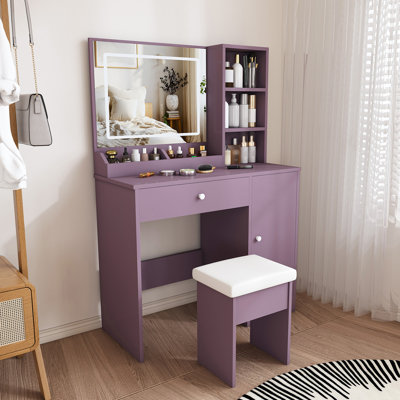Stylish Vanity Desk Set with Padded Stool & Adjustable LED Lighted Mirror (3 Color Modes), Modern Bedroom Makeup Vanity Desk Combo, Purple