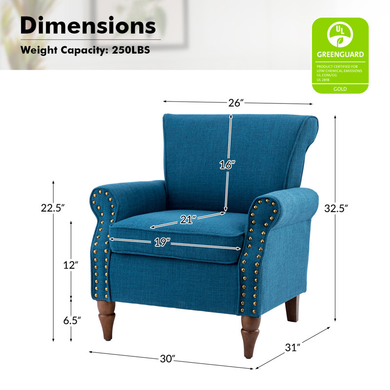 Mooresville 30” Upholstered Armchair with Solid Wood Legs, Navy Polyester