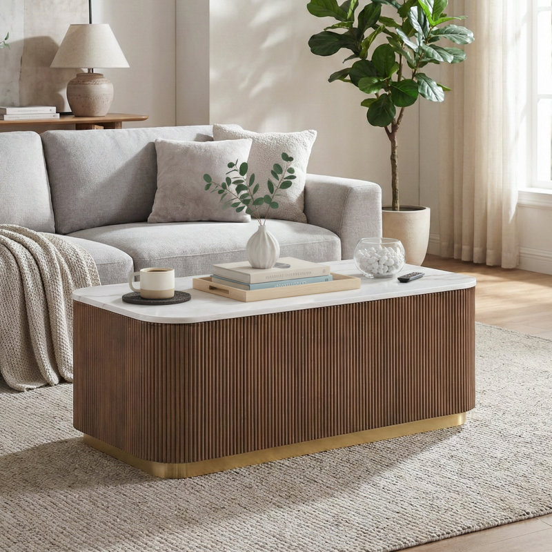 Table basse rectangulaire en marbre avec base dorée Kirtin, Brun