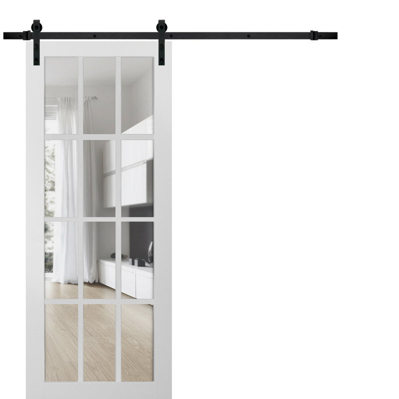 Porte de grange robuste à 12 carreaux en verre clair Felicia 3355 Blanc Soie, rail de 2 m (6,6 pi), quincaillerie robuste, porte intérieure à panneau plein - 107 cm x 213 cm (42 po x 84 po) - Rail noir