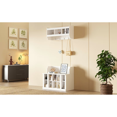 Banc à chaussures réglable et portemanteau, 4 crochets, organisateur mural blanc pour le vestibule, rangement élégant pour vestibule avec tablettes d'armoire, maison pour arbre d'entrée