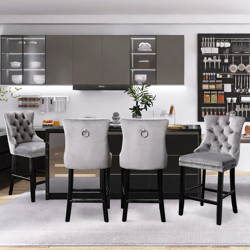 Velvet Upholstered Bar Stool with Button Tufted Back, Grey, Black, 4