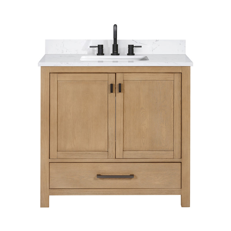 Modero 36" Single Bathroom Vanity with Top, Cala White Marble, Brushed Oak, Black