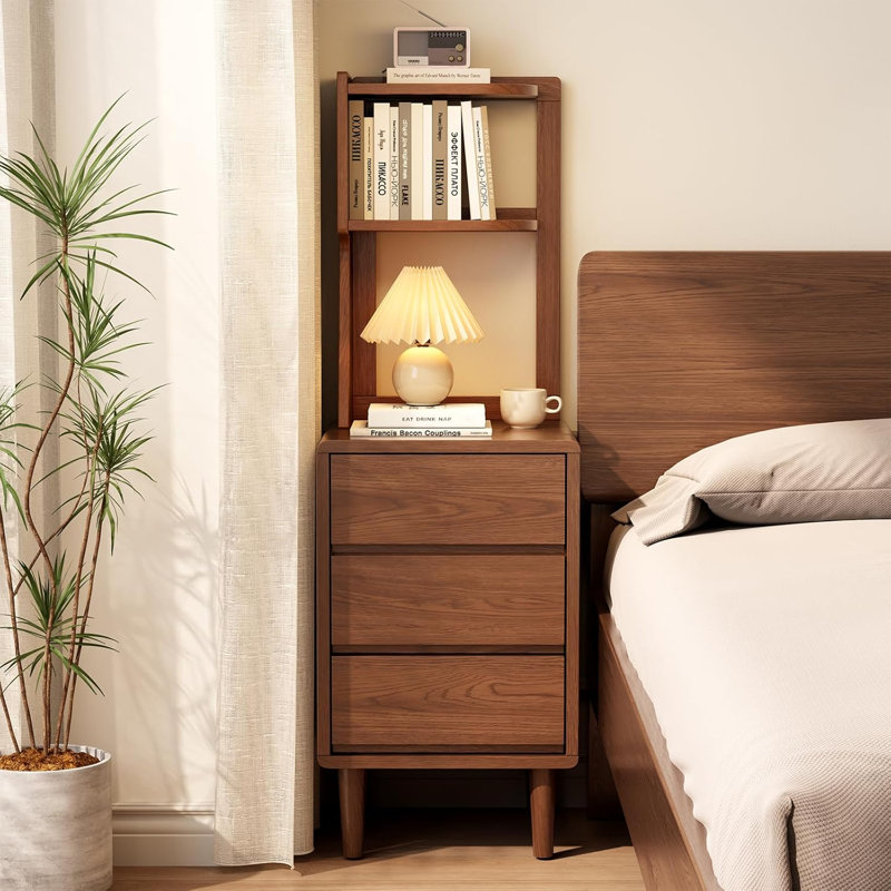 Solid Wood Narrow Bookshelf with Drawers, Tall Bookcase Nightstand with Open Shelves, Small Storage Cabinet for Bedroom Living Room Office