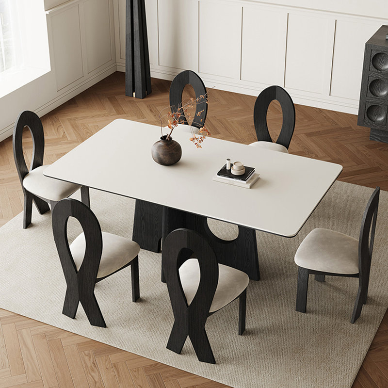 French Retro Light Luxury Rectangular Dining Table Pedestal Dining Set, 7 Piece Dining Set