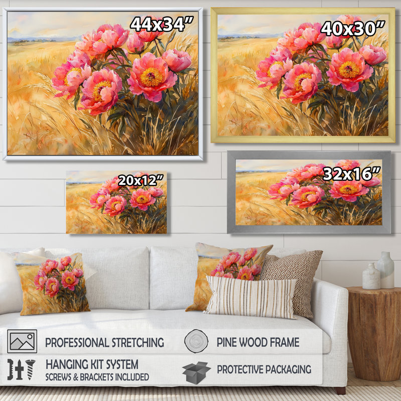 Pivoines de campagne Ioma dans le champ ambré I - pivoines, art mural, Reproduction encadrée d'une seule photo, Doré