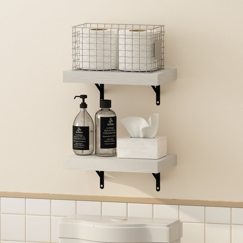 17 Stories Arno 15-Inch Wall Mounted Bathroom Floating Display Shelves, Set of 2, White Texture