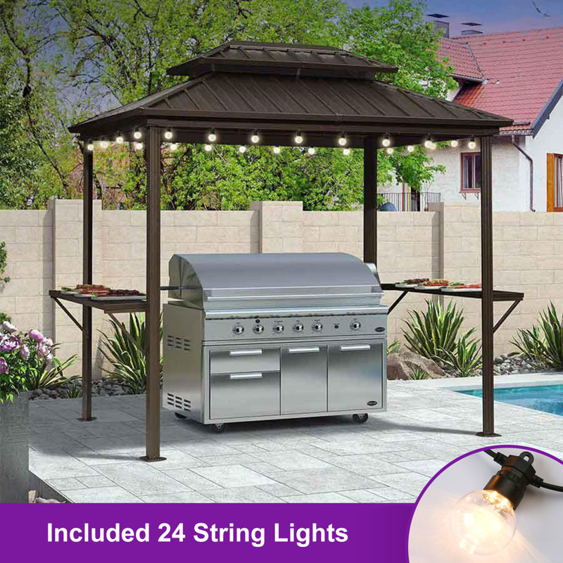 PURPLE LEAF Hardtop Grill Gazebo for Patio Aluminum Barbeque Canopy with 24 Clear Light Bulbs and Shelves Double Tiered Grey Outdoor BBQ Gazebo
