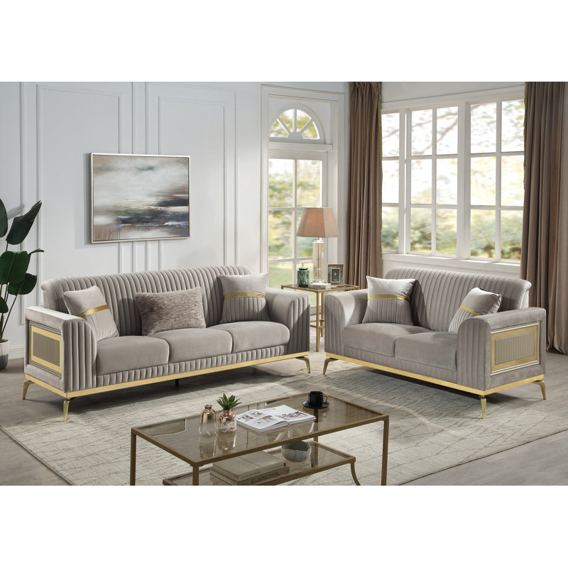 Duplessis 2PC Living Room Set Taupe, 2 Pieces: Loveseat, Sofa, Taupe