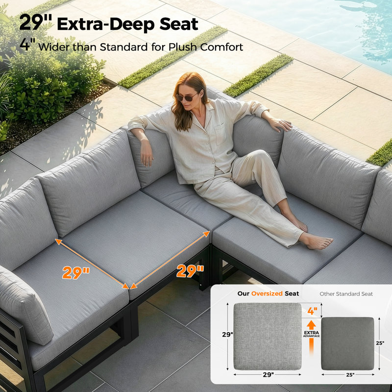 Glenita 8 - Person Outdoor Patio Aluminum Sectional Set with Firepit Table Chaise and Cushions, Light Gray