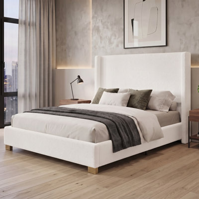 Bella Upholstered Wingback Bed, Plush Boucle Fabric