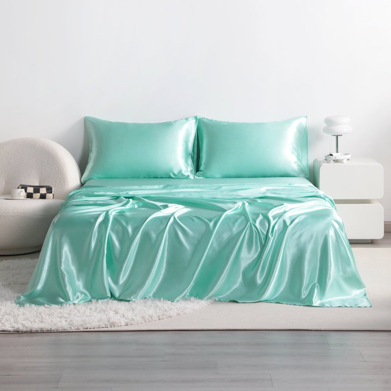 Ensemble de draps en satin 4 pièces Luxury, Couvre-lit très grand + 4 pièces supplémentaire, Turquoise
