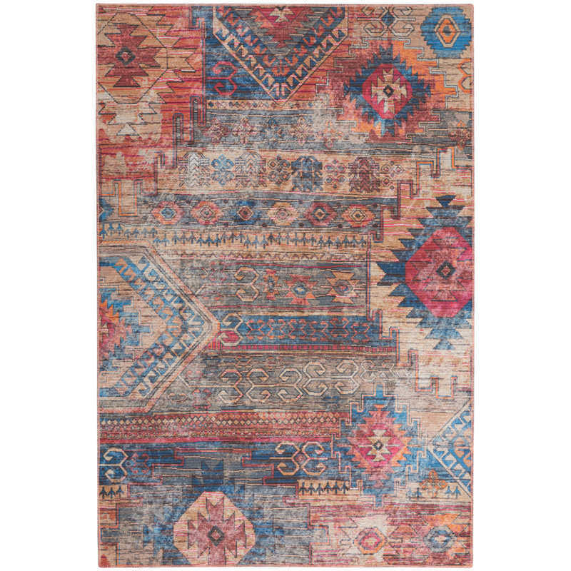 Machine Washable Southwestern Blue/Red Area Rug, Rectangle 5'3" x 7'3"