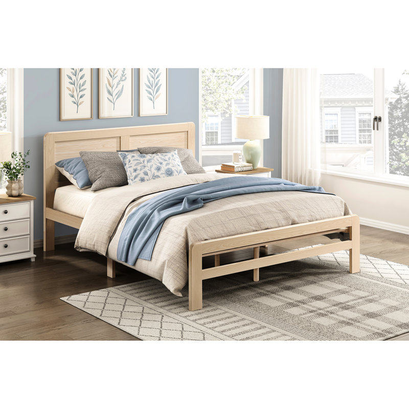 Base de lit plateforme naturelle de style naturel avec tête de lit, lattes et rails de style contemporain, Queen