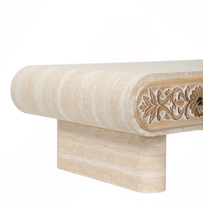 Rounded Edge Coffee Table with Flower Pattern Solid Wood Drawer, Coffee Table for Living Room, Office