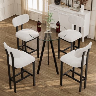 Modern Tempered Glass Round Bar Table Set With Upholstered Fabric Counter Height Barstools
