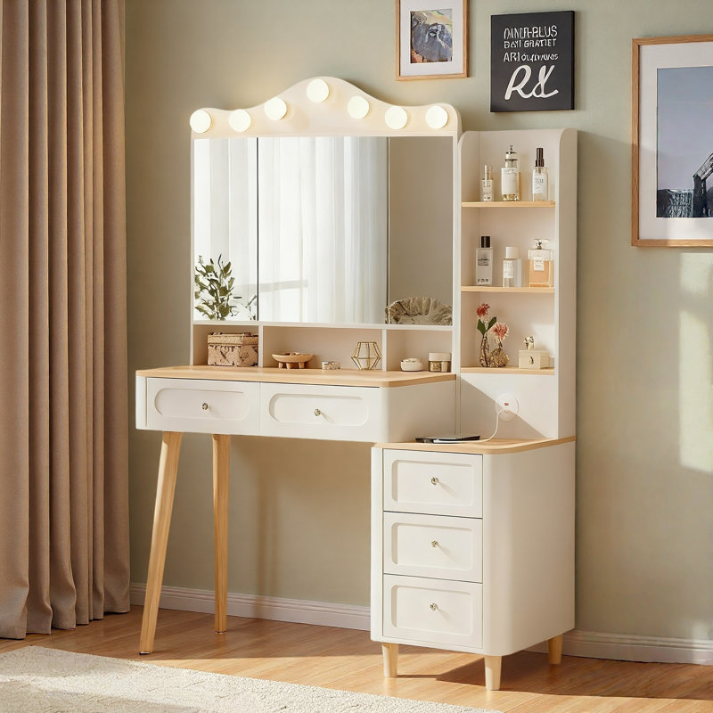 Vanity Desk With 3 Lighting Colors Foldable Three-sided Mirror, 2 Usb Power Strip And 5 Drawers