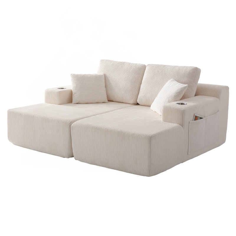 Canapé modulaire en forme de U 130 po en velours côtelé avec support à ressorts pour matelas, White Corduroy, White