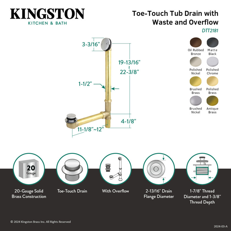 Kingston Brass Made To Match 23-Inch Brass Toe Touch Tub Waste and Overflow, Brushed Nickel