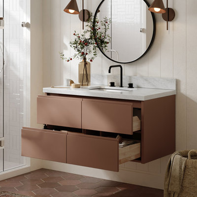   Setsuko 43 Inch Wall-Mounted Single Rectangle Sink Bathroom Vanity with Carrara White Marble Countertop 1.5 Inch in Mocha