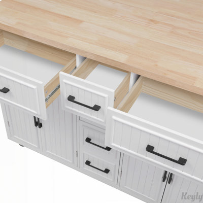 56.5'' Kitchen Island with Drop Leaf, Power Outlet, Embossed Vertical Stripe Rolling Kitchen Cart on Wheels with 4 Doors , 5 Deep Drawers and Adjustable Shelves, for Kitchen, Dining Room