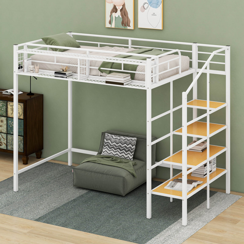 Lit mezzanine simple avec escalier de rangement et tablette supérieure avec structure de lit mezzanine simple en métal, Blanc