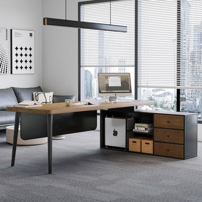 Burlywood L-Shaped Solid Wood Executive desk with drawers desk