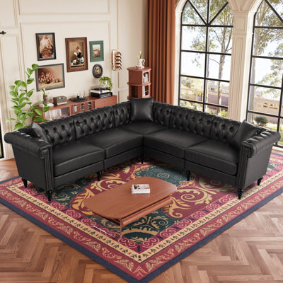 Luxury PU Leather Chesterfield L-Shaped Sectional Sofa with Nailhead Trim