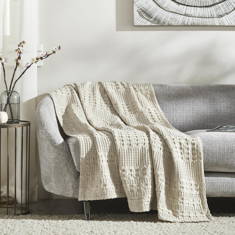 Natural Cream Waffle Weave Cotton Throw Blanket