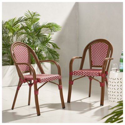 Red Woven Rattan Bistro Chair with Aluminum Frame, French Country Outdoor Dining Seat