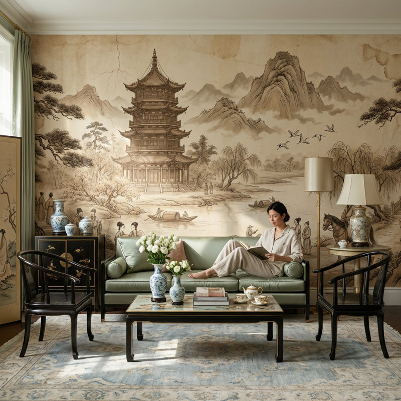 Papier peint traditionnel chinois Pagode, 140" x 108", Non-Woven Nonpasted