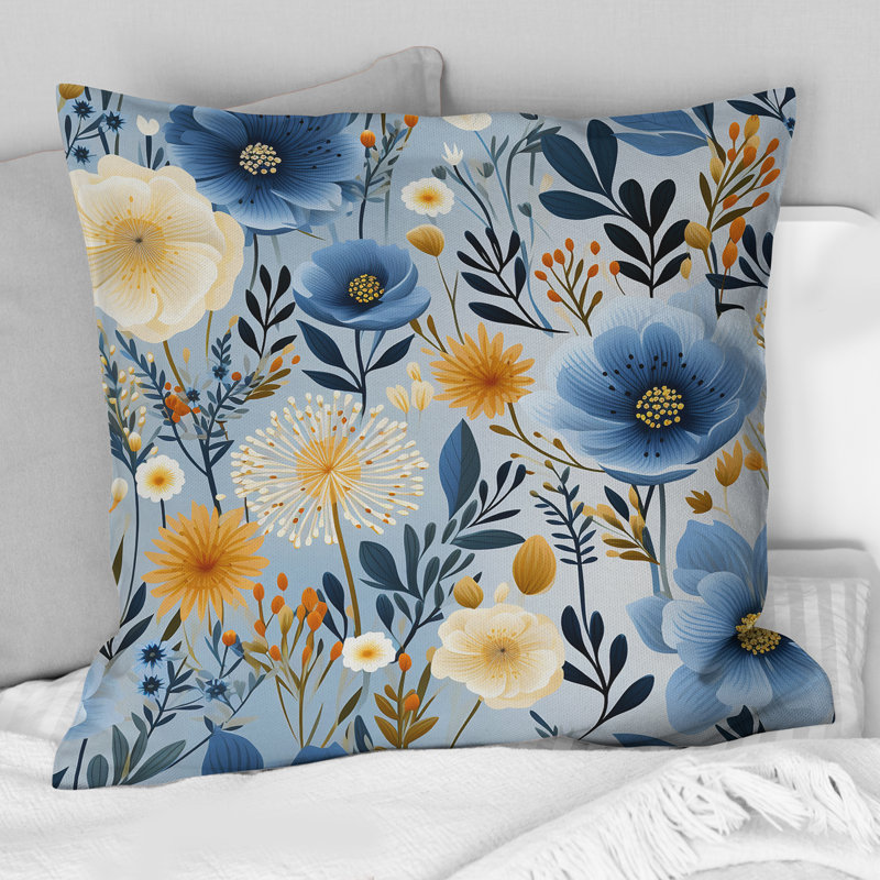 Motif floral chic et bohème bleu - Coussin décoratif à imprimé floral, H 16 po x l 16 po